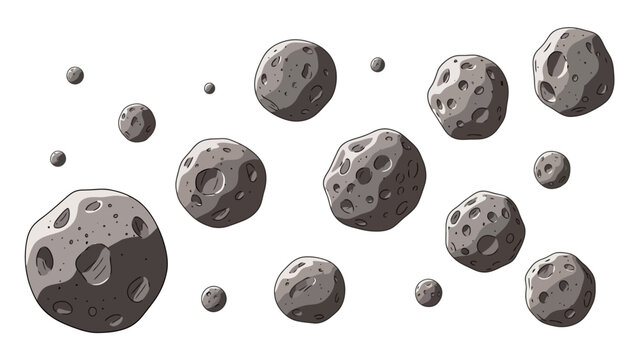 A collection of irregularly shaped asteroids with craters floating in space.