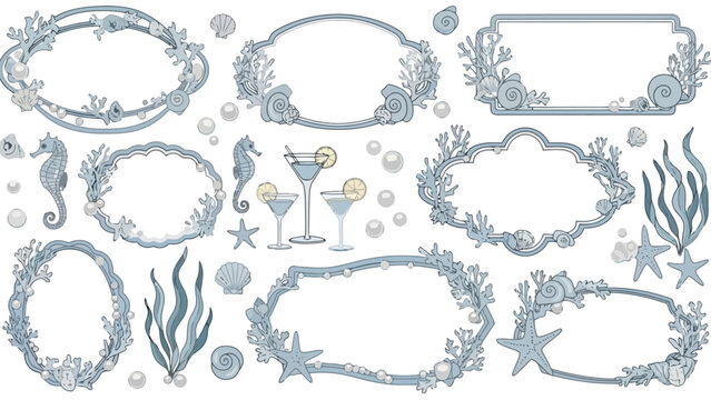 A collection of decorative oval, rectangular, and uniquely shaped frames adorned with seashells, starfish, seahorses, pearls, and seaweed, in a muted blue and white color palette.