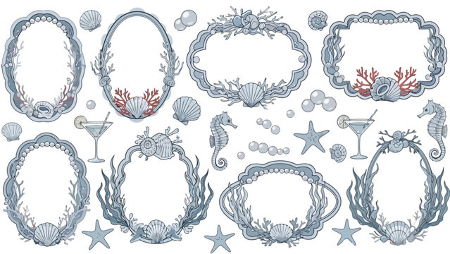 Collection of ornate oval and rectangular frames decorated with seashells, coral, seaweed, and pearls, with some frames featuring seahorses and starfish.