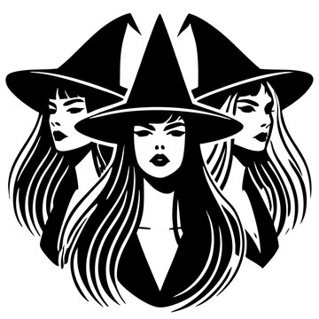 Three witches. Three female faces wearing pointed hats. Classic witch coven imagery for Halloween.