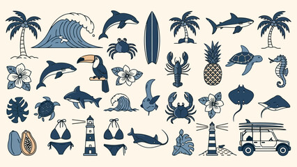 A collection of tropical and beach-themed illustrations including marine life, palm trees, surfboards, and beach accessories. © Mugi