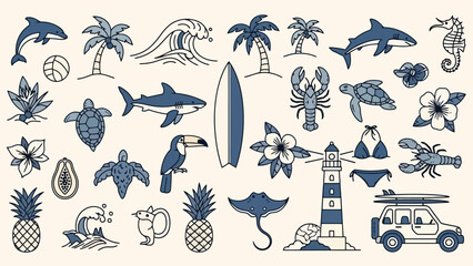 A collection of stylized illustrations of various tropical and marine elements, including animals, plants, and beach-related items. © Mugi