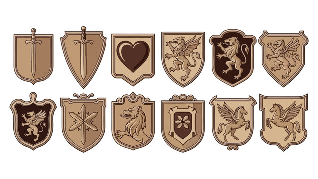 Collection of medieval heraldic shields featuring various emblems like swords, hearts, lions, griffins, and pegasi.