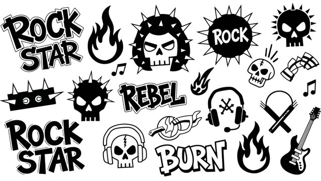 A collection of black and white graphic elements related to rock music and rebellion, including skulls, flames, guitars, and text.