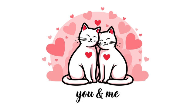 Two adorable white cats with red hearts on their chests, nestled together with closed eyes, surrounded by pink hearts and a pink arch, symbolizing love and companionship.
