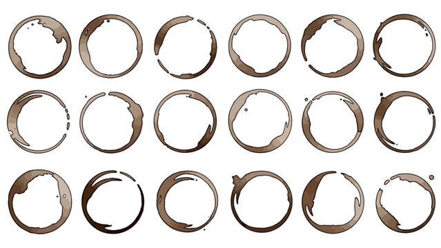 A collection of 20 coffee cup rings stained on a white background, arranged in three rows.