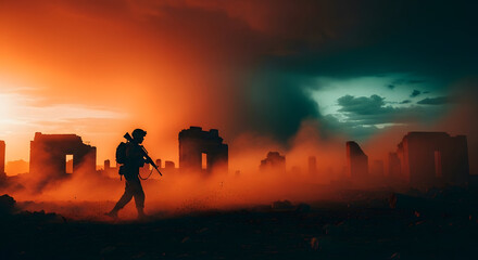 Fototapeta premium World War infantryman navigates through dense smoke and orange glowing debris of a bombed out cityscape under a dramatic two tone sky portraying intense conflict aftermath and desolation during