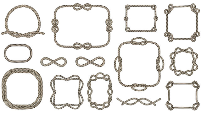 Collection of decorative rope frames and borders with various nautical knot designs and shapes.
