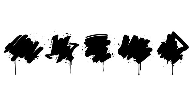 A collection of five black graffiti spray paint splatters and strokes on a white background.