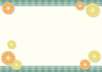 爽やかなブルーチェックと柑橘フルーツのビタミンカラー背景フレーム素材