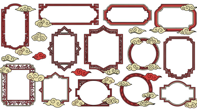 Collection of decorative traditional Chinese frames and auspicious clouds in red and gold.