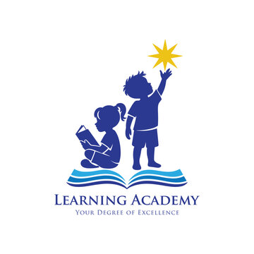 Blue kids learning academy logo with children reading book and star icon for school education branding, modern vector emblem design.
