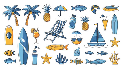 A vibrant collection of summer vacation and beach-themed illustrations, featuring palm trees, pineapples, surfboards, and marine life.