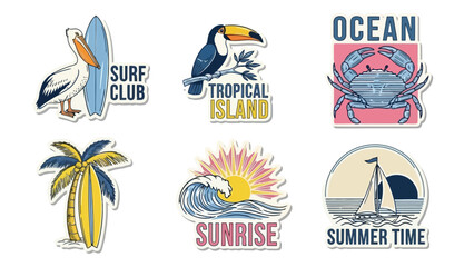 A collection of six vibrant, retro-style stickers featuring tropical and beach-themed illustrations. © Mugi
