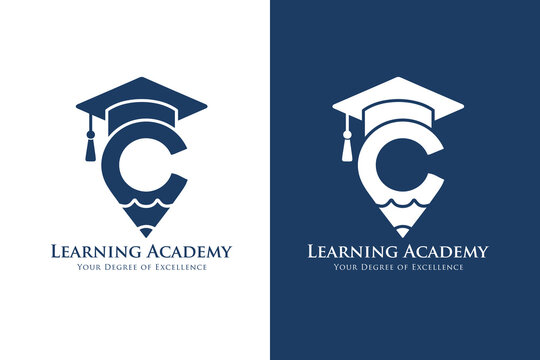 Letter C education logo with graduation cap for learning academy school branding, modern monogram academic icon vector emblem design.

