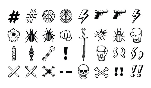 Black and White Icons of Symbols Weapons and Anatomy illustration vector hashtags brains guns fists lightning bolts bugs knives bullets wrenches