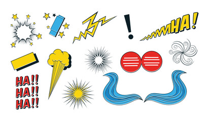 Comic book style graphic elements including speech bubbles lightning bolts stars and sound effects on a white background Keywords: comic book explosion sound effect boom pow zap wham ha star burst © AshrafStore