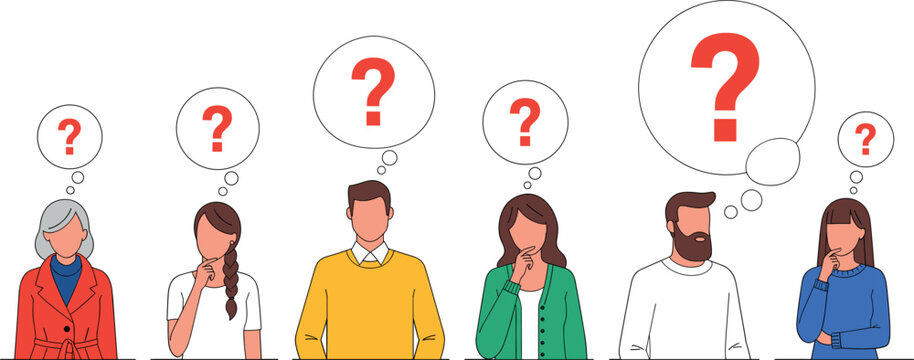 Set of diverse people thinking with question marks in speech bubbles flat vector illustration