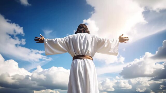 Person in white robe standing with arms outstretched against a cloudy blue sky, conceptual shot of spirituality and faith