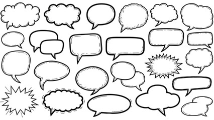 Fototapeta premium A diverse collection of hand-drawn speech bubbles and thought clouds in various shapes and sizes, presented in a black and white sketch style.
