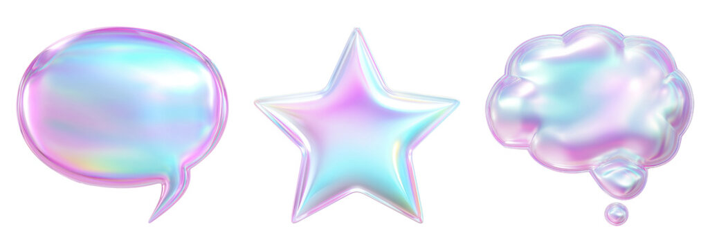 Glossy 3D Iridescent Symbols for Communication and Emotion &ndash; Speech Bubble, Star and Thought Cloud. Y2K Holographic Trio Digital icons