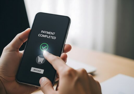 Person confirming mobile payment on smartphone with payment completed message showing cashless transaction digital banking convenience and secure online purchase process - Powered by Adobe