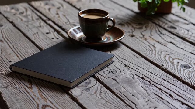 Coffee cup and notebook on rustic wooden table with plant