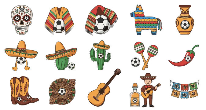 Mexican soccer fiesta elements collection background for celebration. 