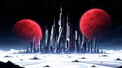 Futuristic alien cityscape with towering skyscrapers under two large red moons in a desolate, icy landscape. © gita