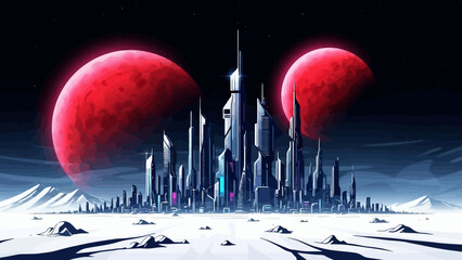 Futuristic alien cityscape with towering skyscrapers under two large red moons in a dark sky. © gita