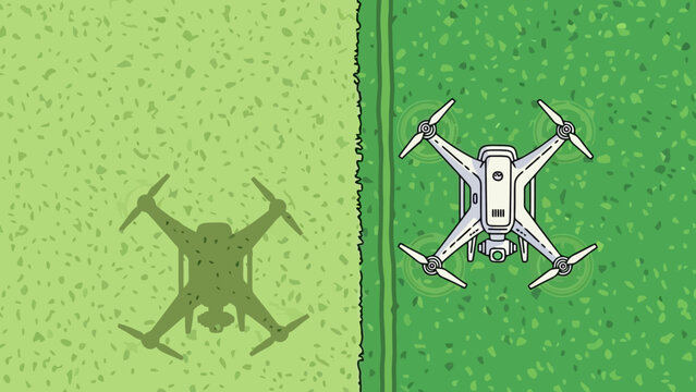 Overhead view of a white drone casting a shadow on a green grassy field, divided by a line.