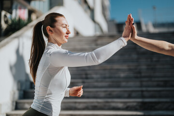 A fit woman in a white long-sleeve top shares a high-five outdoors. Two teammates connect during a workout on urban stairs.