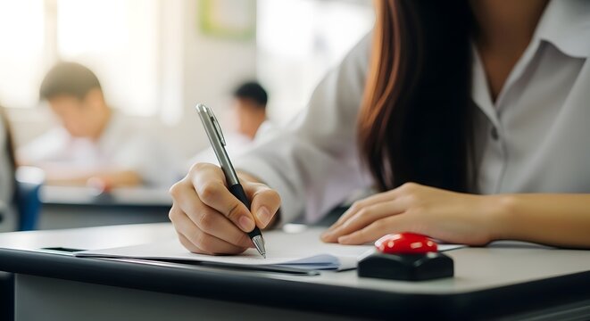 Student hand writing with pen on paper during exam in classroom test