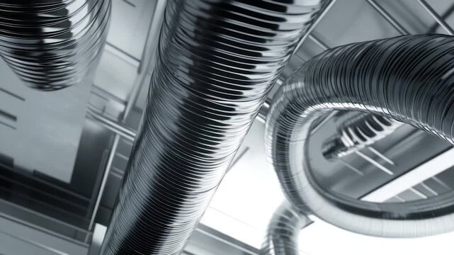 An abstract, industrial scene showcases metallic, corrugated tubes in a cool, grayscale palette