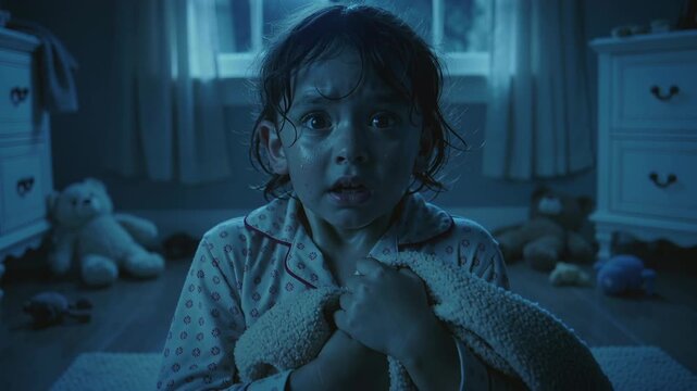 Scared little girl in pajamas showing fear and sadness in dark bedroom, suffering nightmare or experiencing scary moment