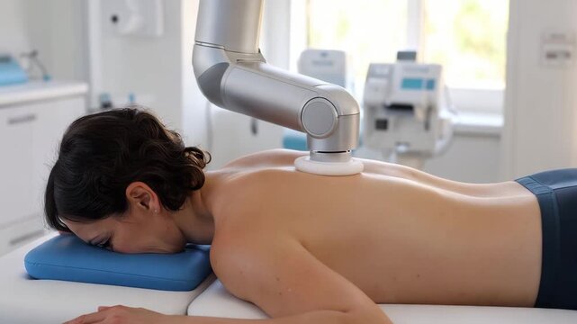 Side view of robotic massage arm treating woman upper back in physiotherapy room
