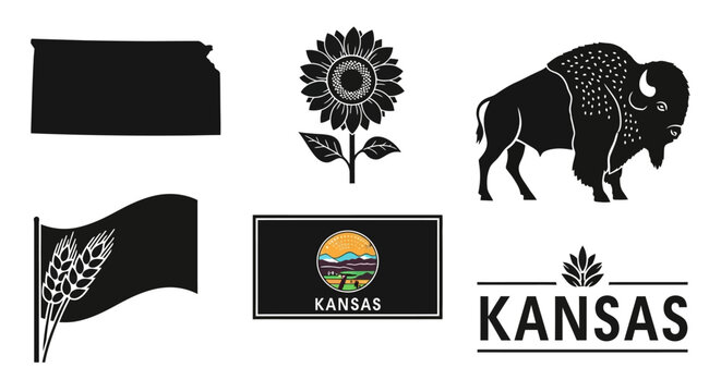 Collection of black and white icons representing the state of Kansas, including its map, sunflower, bison, and flags.
