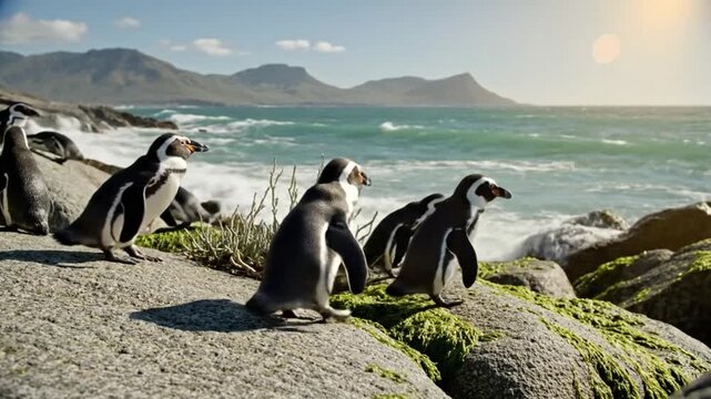 African penguins gathered on a rocky shoreline with a vibrant ocean background under the bright sun