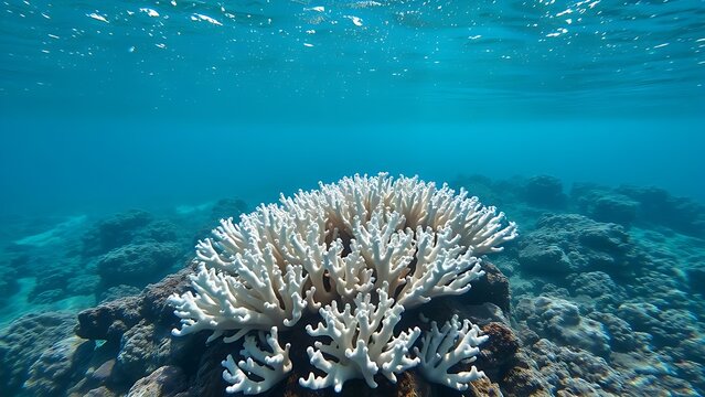 White coral reef in clear ocean water with sunlight filtering from above.