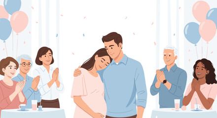 Expecting parents celebrating baby gender reveal with family and friends, perfect for invitations and baby shower announcements.