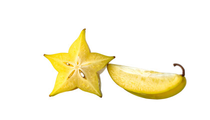 Fototapeta premium A vibrant photo depicts sliced starfruit against a stark black backdrop. The fruit's intricate shape and color are prominent. One piece cut
