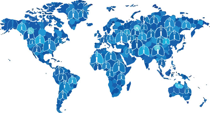 A digital illustration of a world map composed of blue lungs on a white background, symbolizing global health and respiratory awareness. Perfect for World Tuberculosis Day, health - Powered by Adobe
