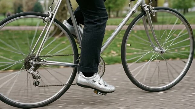 Close Up of Silver Bicycle and Rider in Black Pants Riding on Paved Path with Trees in Background