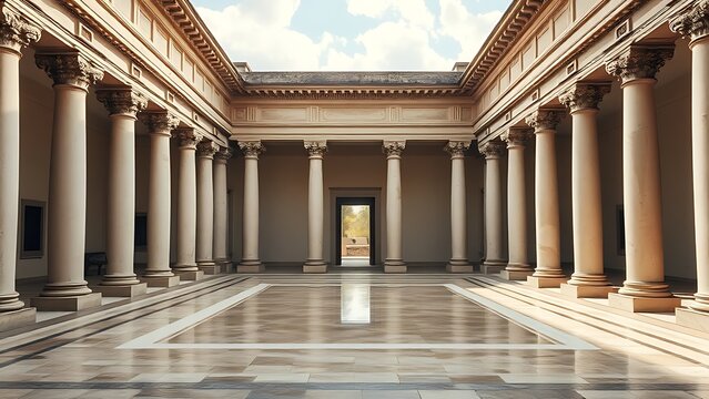 The atrium of an ancient Roman villa, a square impluvium reflecting colonnade and sky.
