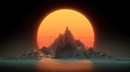 Retro 80s digital art piece with mountains silhouetted against a radiant sunset
