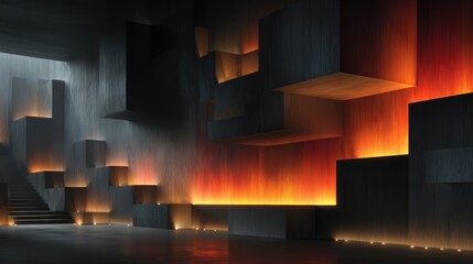 Interior scene of a dark, cubic structure illuminated with warm light and shadows