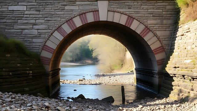 The sturdy brick arch structure beneath an ancient stone bridge embedded in a riverbank.