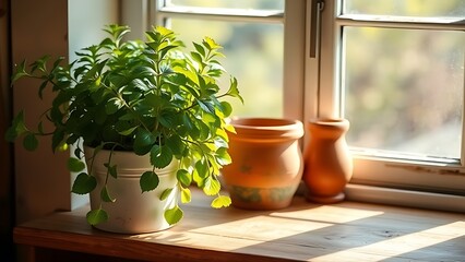 A potted lovage plant on a sunny windowsill in a rustic kitchen, warm and inviting atmosphere.