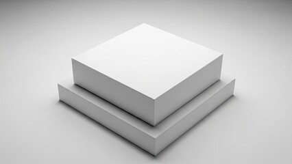 An isolated blank white cardboard paper box container with a square 3d cube shape design sits as an empty packaging template on a black background for business gift packing