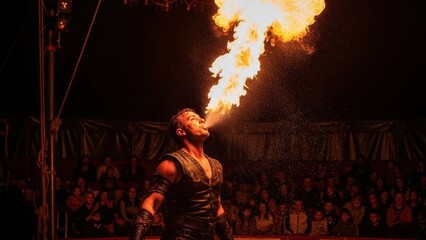 Abstract night art of a burning city where people dance to rock music amidst hot flames and smoke